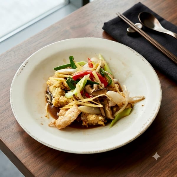 Stir-fried chicken with vegetables, mushrooms, and ginger in a white bowl on a wooden table.