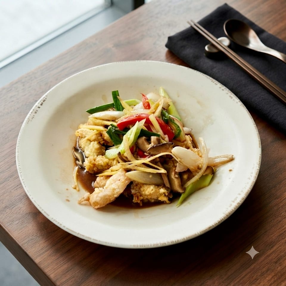 Stir-fried chicken with vegetables, mushrooms, and ginger in a white bowl on a wooden table.