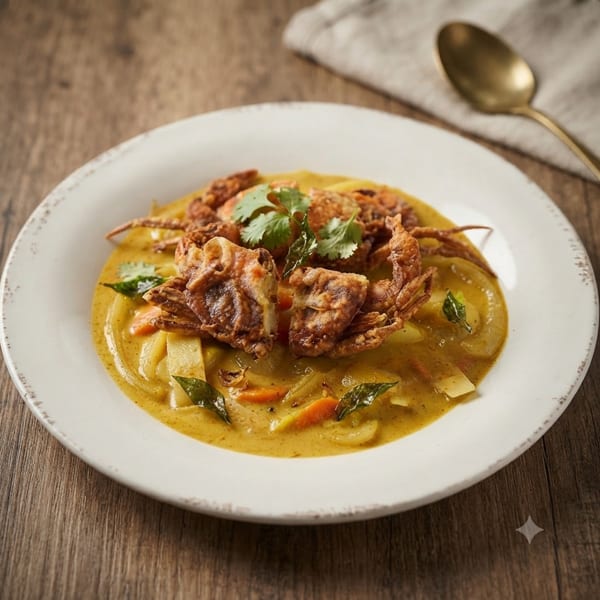 Fried soft-shell crab in yellow curry with vegetables, garnished with cilantro on a white plate.