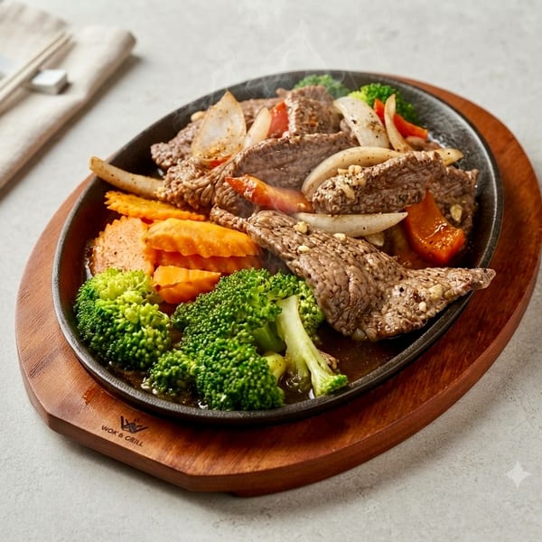 Sizzling beef and vegetables, including broccoli, carrots, and onions, on a Wok & Grill platter.
