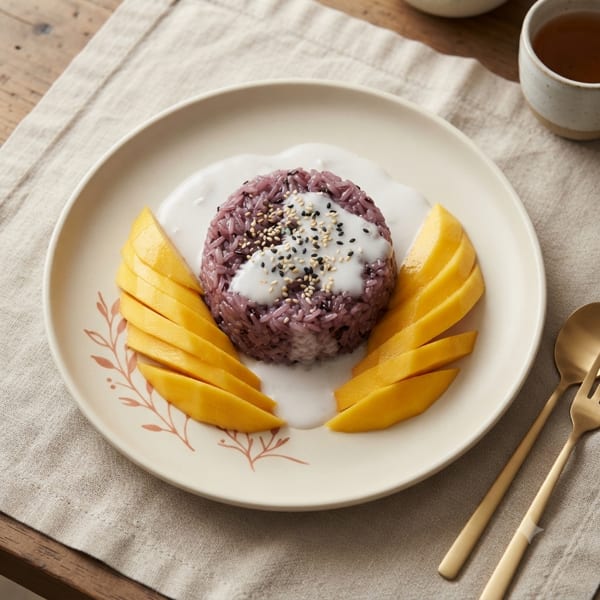 Purple sticky rice with coconut milk and mango slices on a white plate with gold utensils.