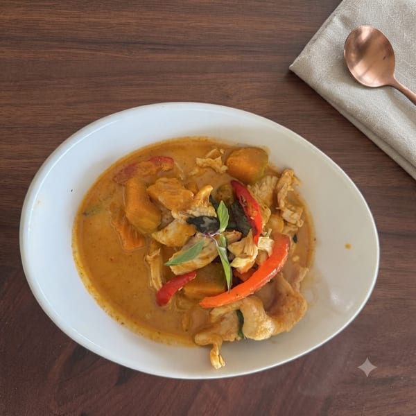 Red curry with chicken, pumpkin, red peppers, and basil in a white bowl on a wooden table.
