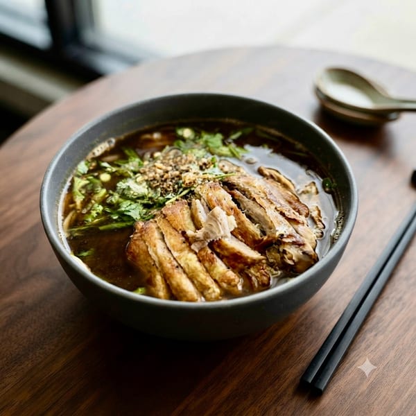 A dark bowl of duck noodle soup with cilantro and crushed peanuts on a wooden table.