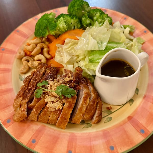 Crispy duck with broccoli, cabbage, carrots, cashews, and a side of dark sauce on a colorful plate.